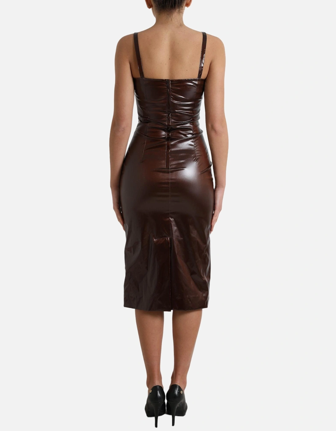 Faux Leather Midi Dress Sleeveless VNeck Women - Brown Dresses