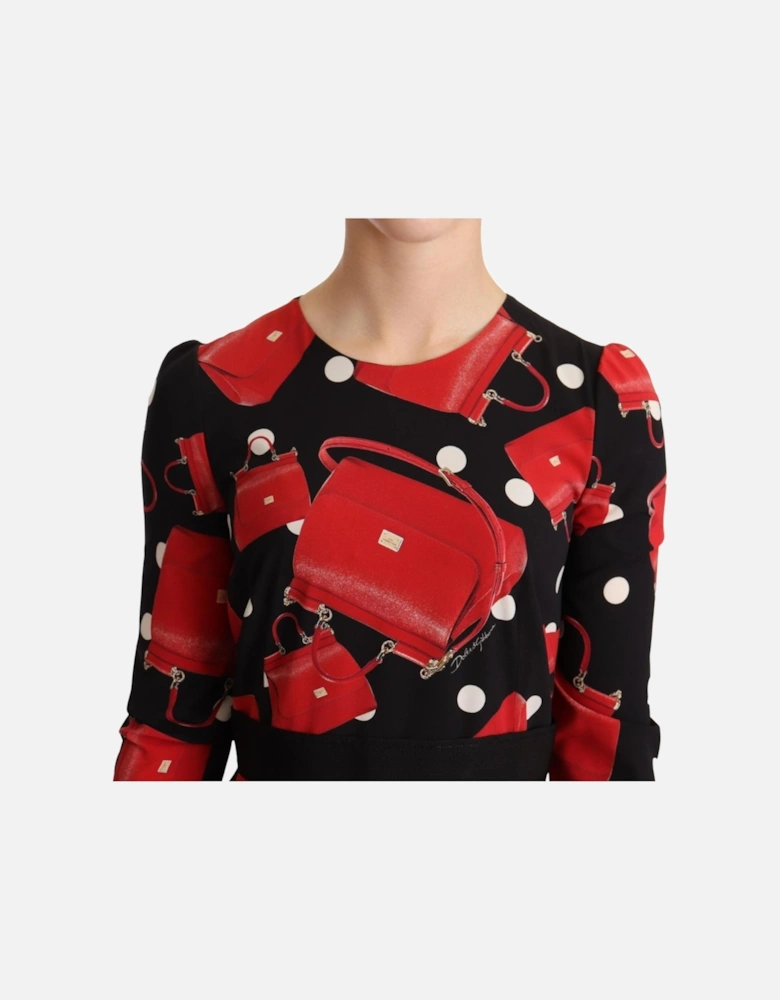 Red Handbag Print Midi Dress Women - Black Dresses