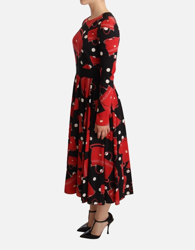 Red Handbag Print Midi Dress Women - Black Dresses