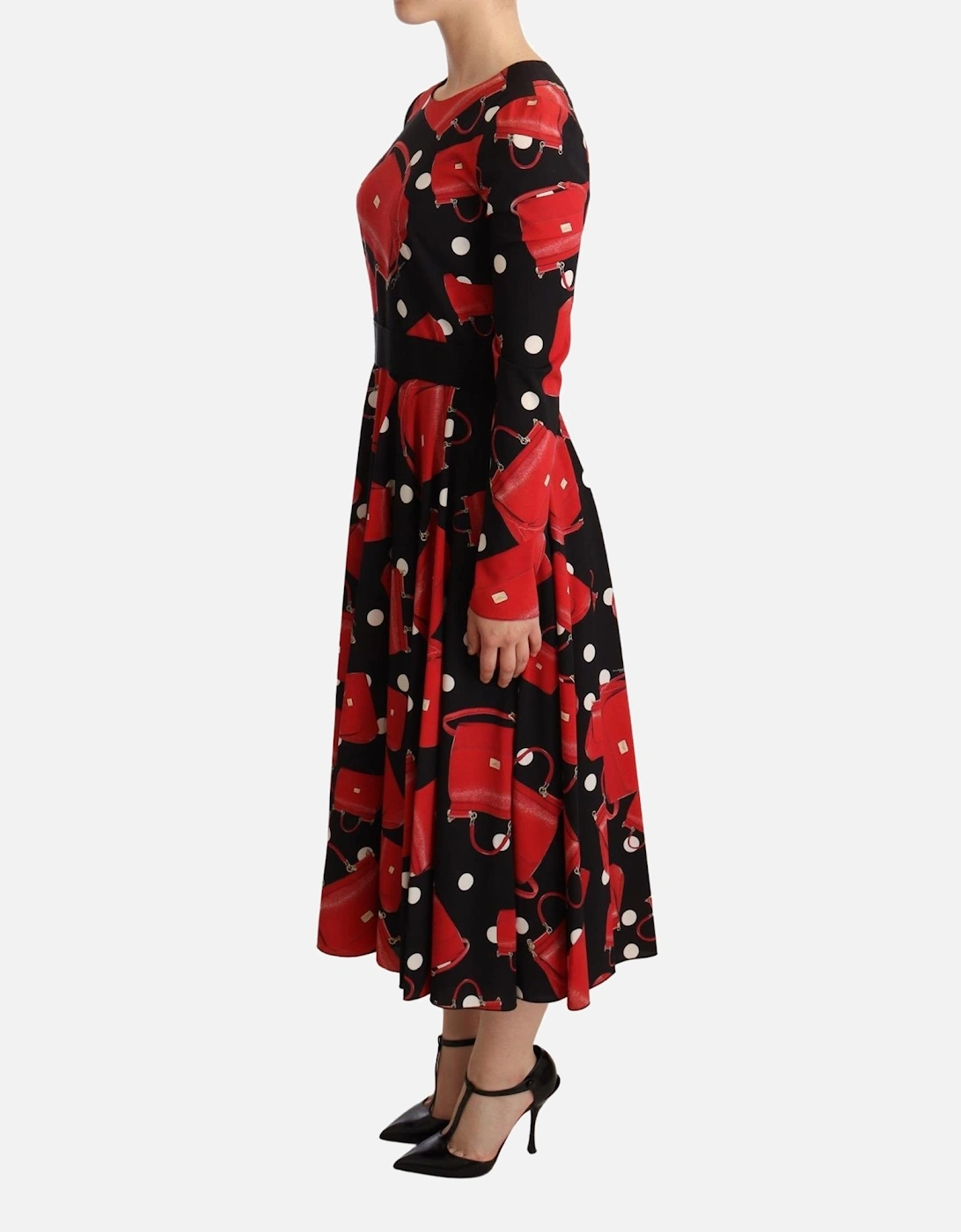 Red Handbag Print Midi Dress Women - Black Dresses