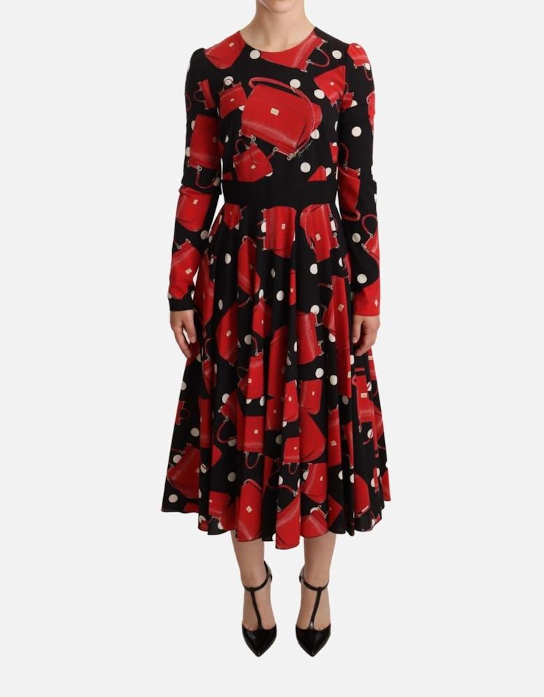 Red Handbag Print Midi Dress Women - Black Dresses