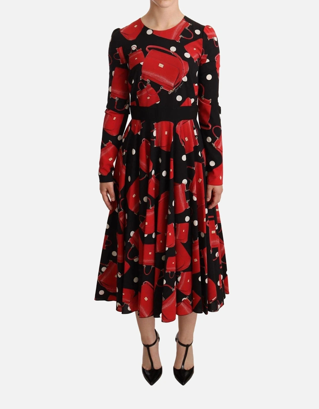 Red Handbag Print Midi Dress Women - Black Dresses, 5 of 4