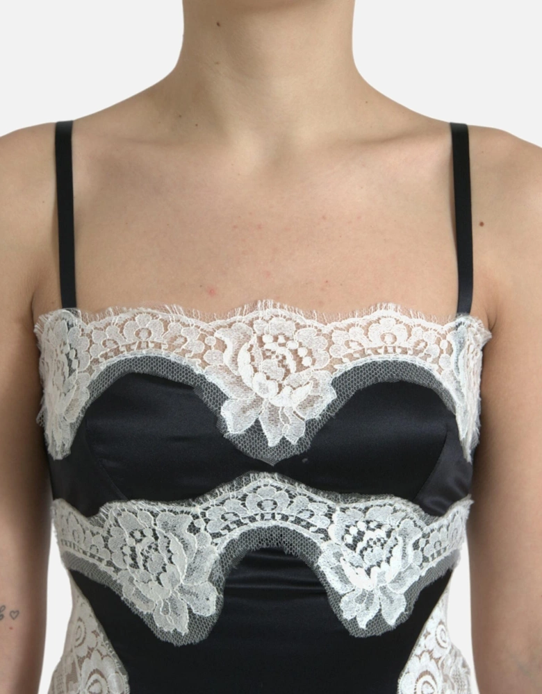 Lace Satin ALine Mini Dress Women - Black And White Dresses