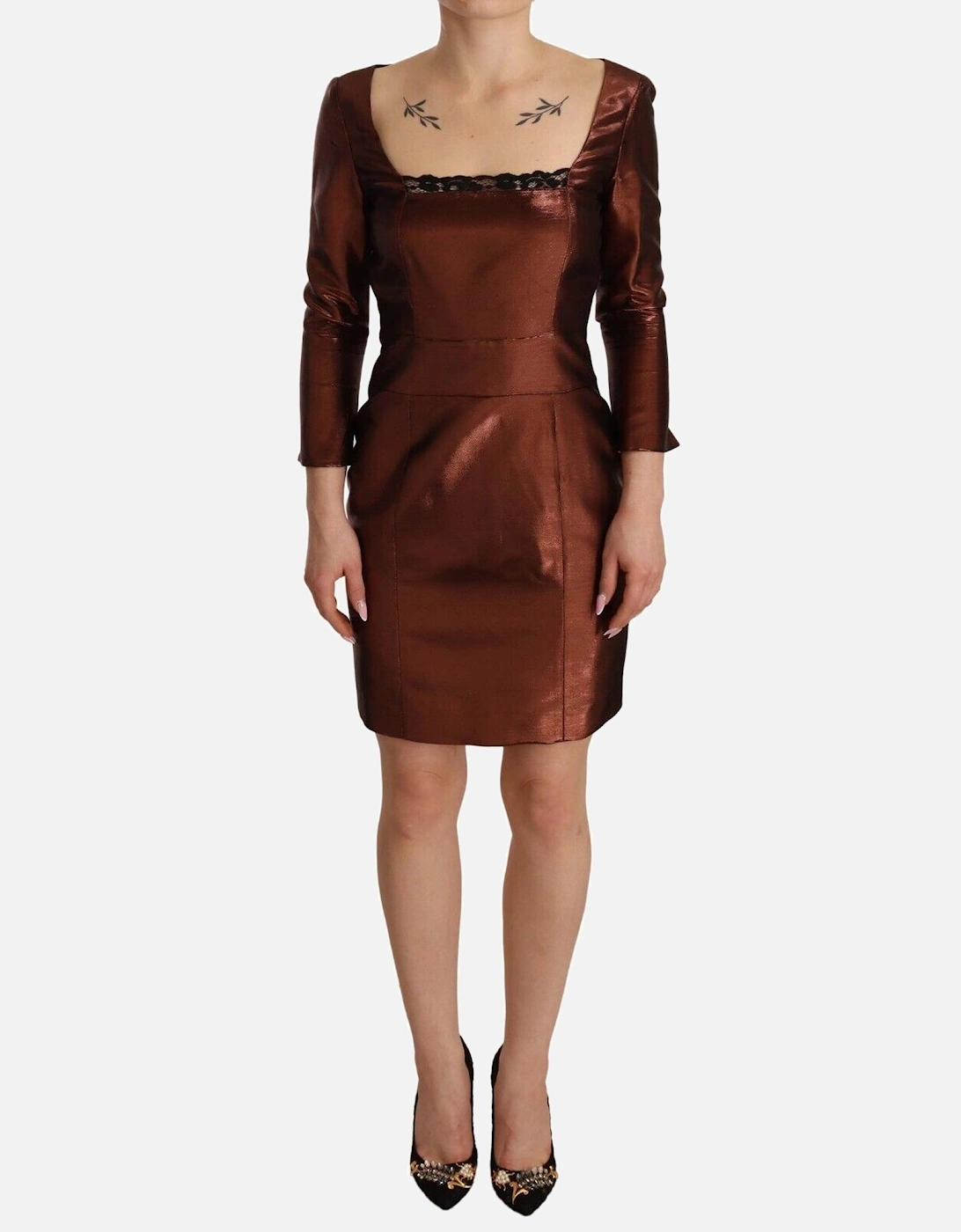 Metallic Mini Dress Square Neck 34 Sleeves Women - Bronze Dresses, 4 of 3
