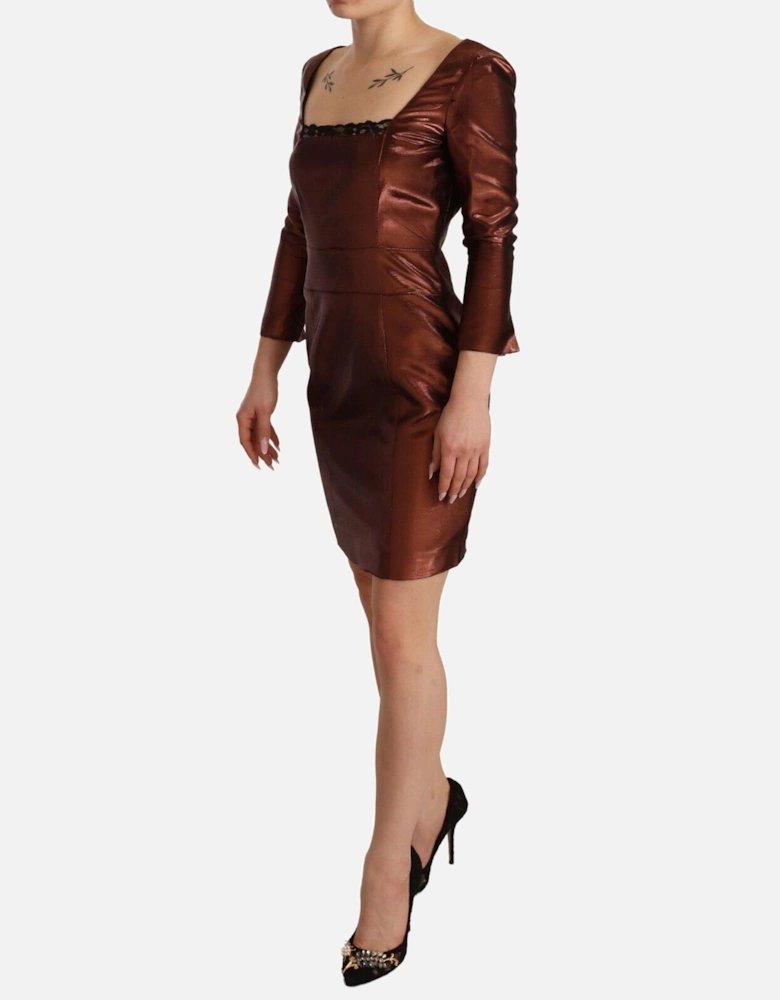 Metallic Mini Dress Square Neck 34 Sleeves Women - Bronze Dresses
