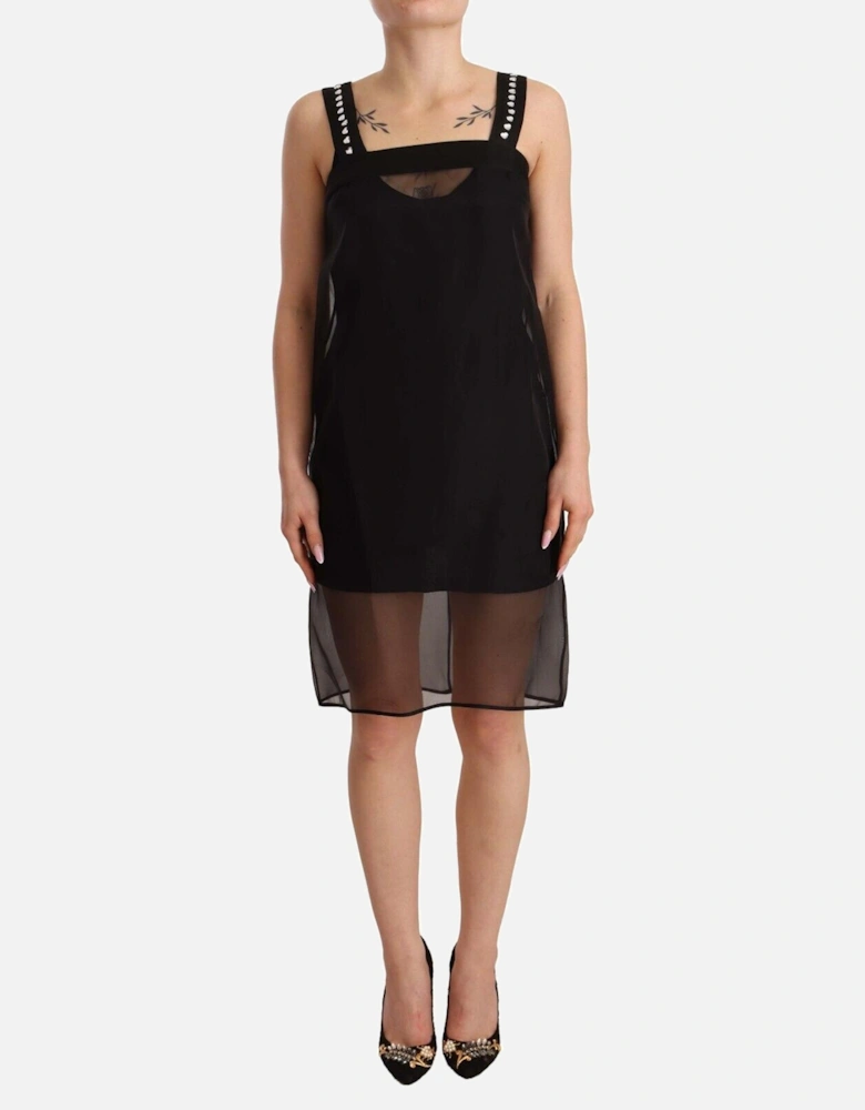 Silk Stretch Sheath Mini Dress with Crystals Women - Black Dresses