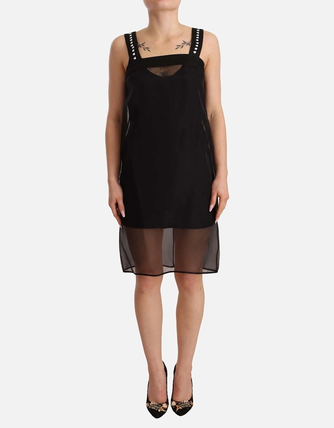 Silk Stretch Sheath Mini Dress with Crystals Women - Black Dresses, 5 of 4