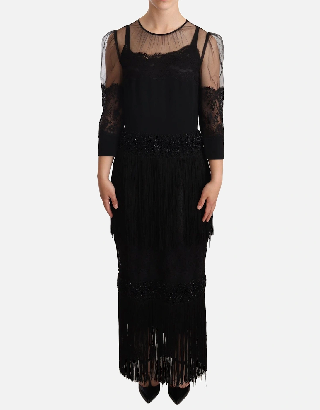 Dolce Gabbana Midi Dress 34 Sleeves Lace Fringe Women - Black Dresses, 5 of 4