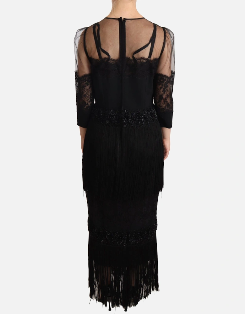Dolce Gabbana Midi Dress 34 Sleeves Lace Fringe Women - Black Dresses