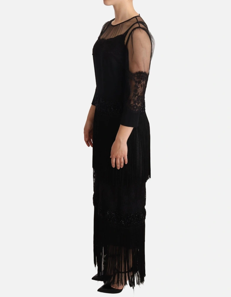 Dolce Gabbana Midi Dress 34 Sleeves Lace Fringe Women - Black Dresses