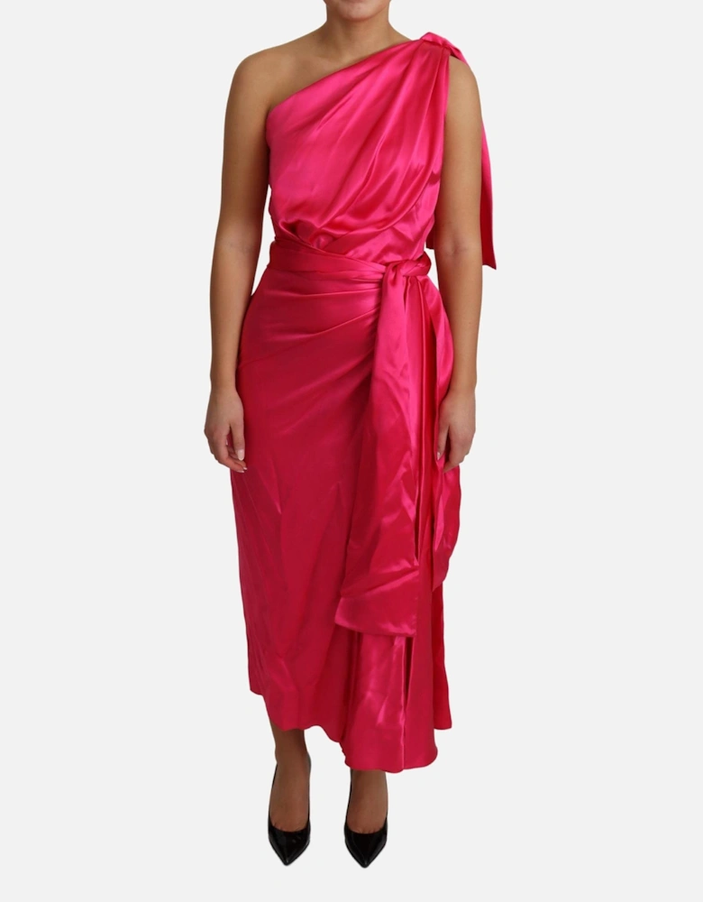OneShoulder Wrap Satin Midi Dress Women - Pink Dresses