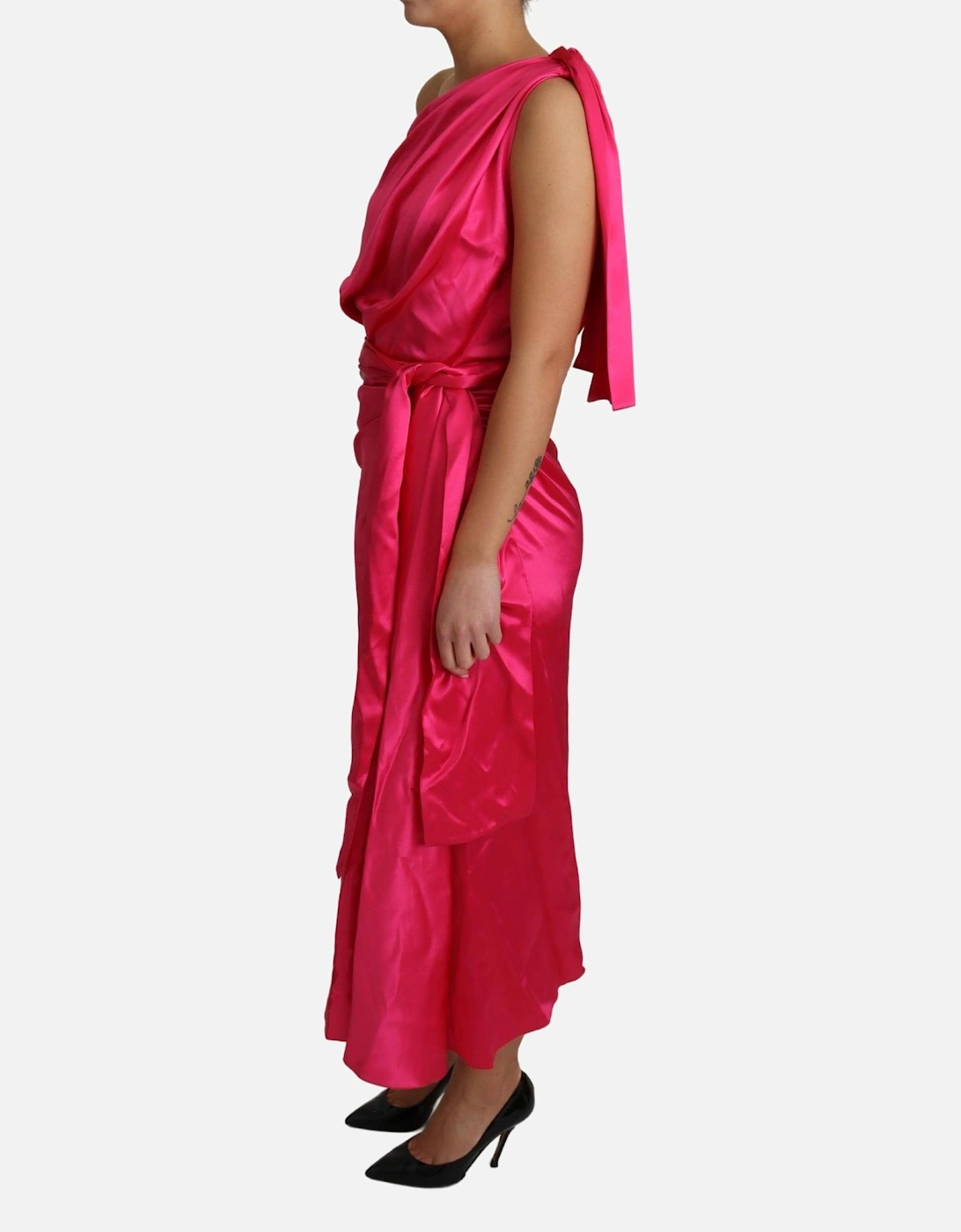 OneShoulder Wrap Satin Midi Dress Women - Pink Dresses