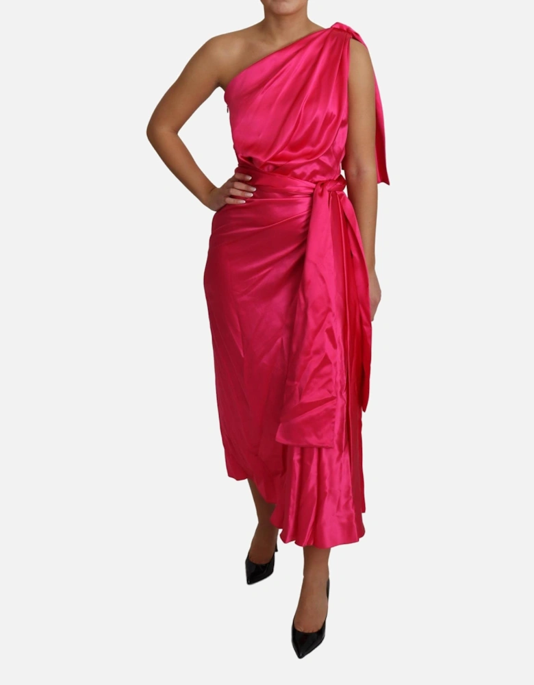 OneShoulder Wrap Satin Midi Dress Women - Pink Dresses