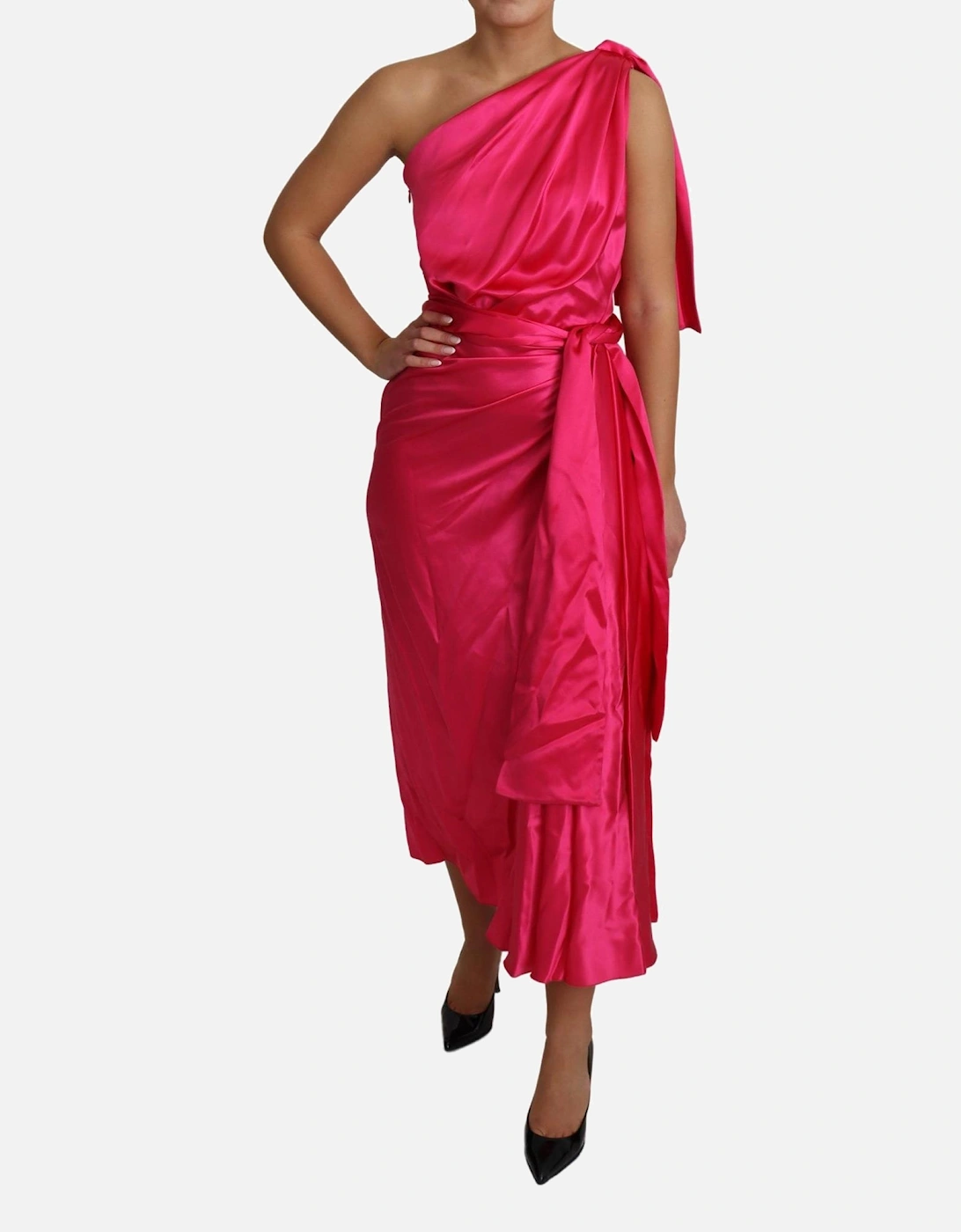 OneShoulder Wrap Satin Midi Dress Women - Pink Dresses