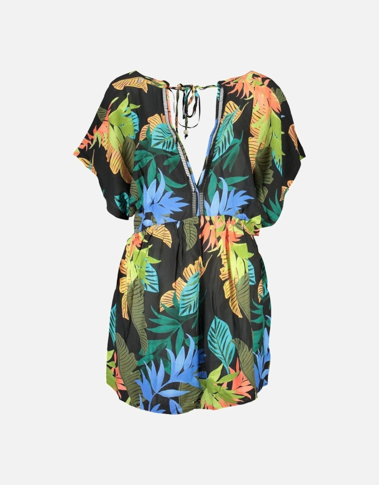 Short Sleeve V-Neck Pattern Dress with Contrast Details and Logo.