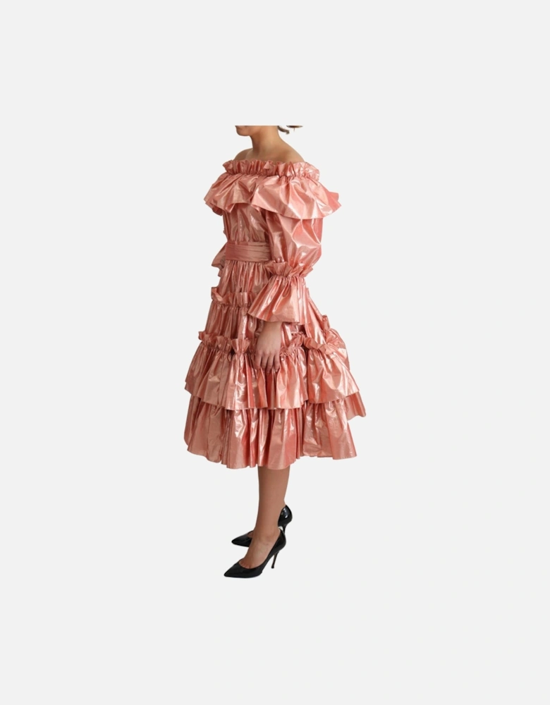 Metallic Midi Dress Ruffled Design Women - Pink Dresses