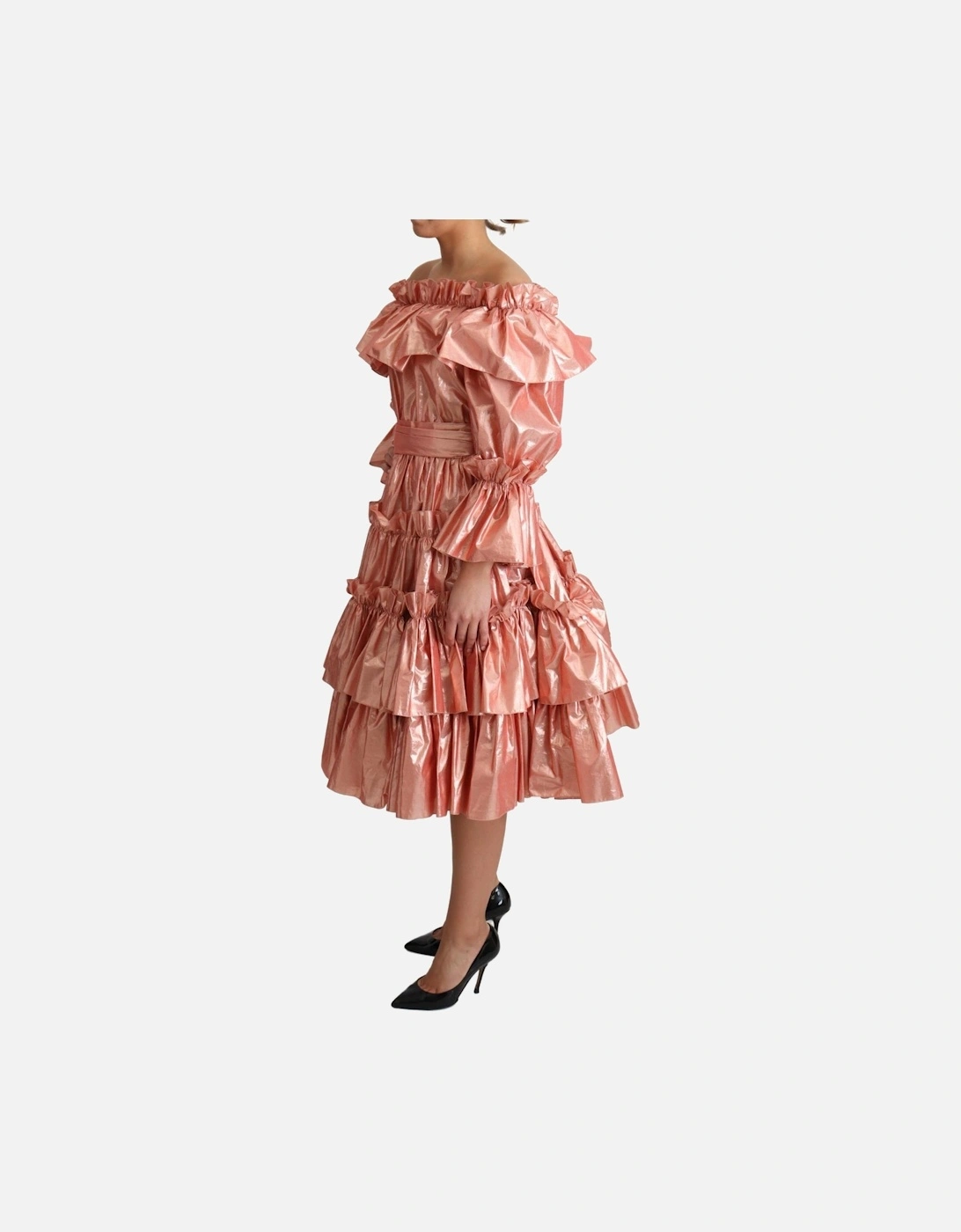 Metallic Midi Dress Ruffled Design Women - Pink Dresses