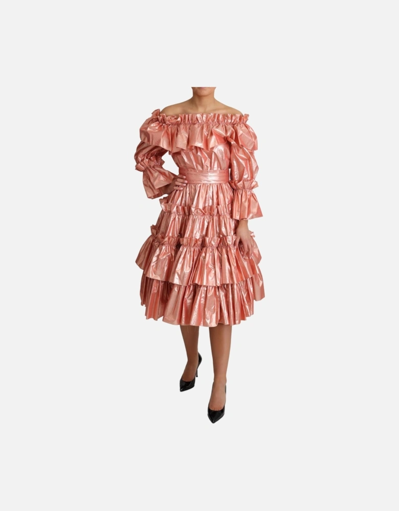 Metallic Midi Dress Ruffled Design Women - Pink Dresses