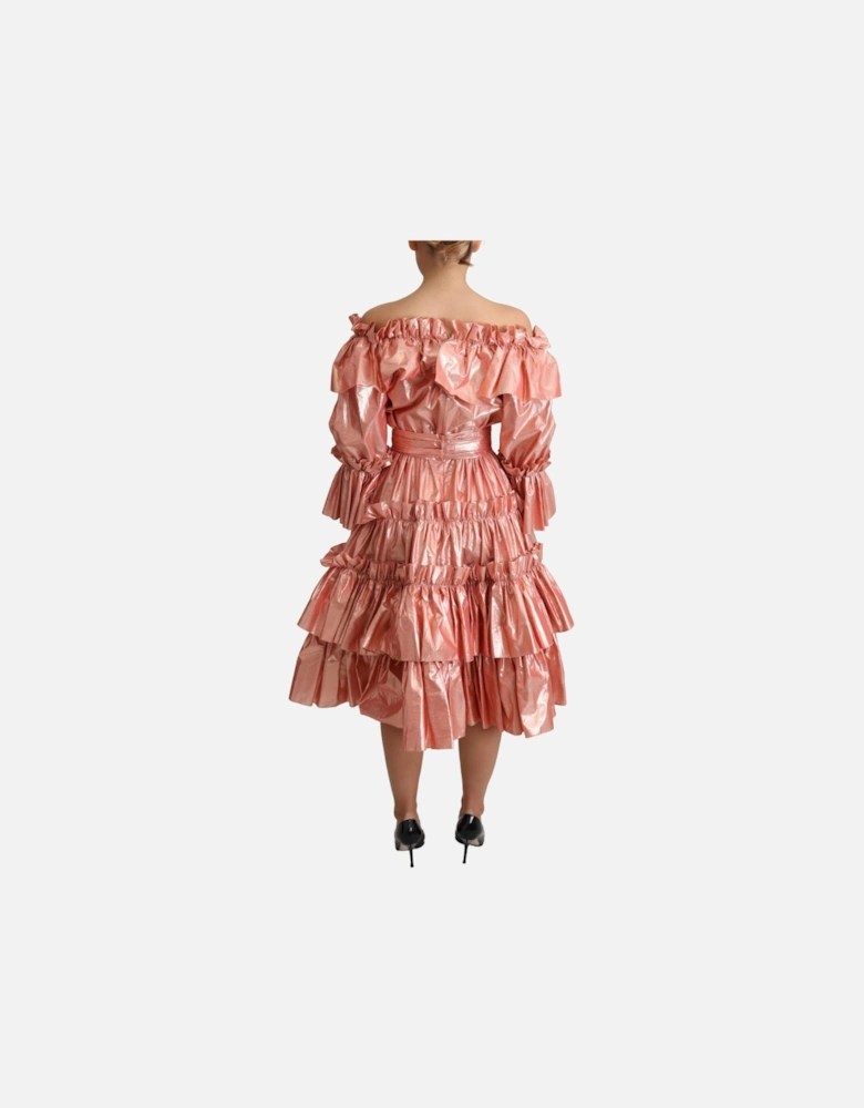 Metallic Midi Dress Ruffled Design Women - Pink Dresses