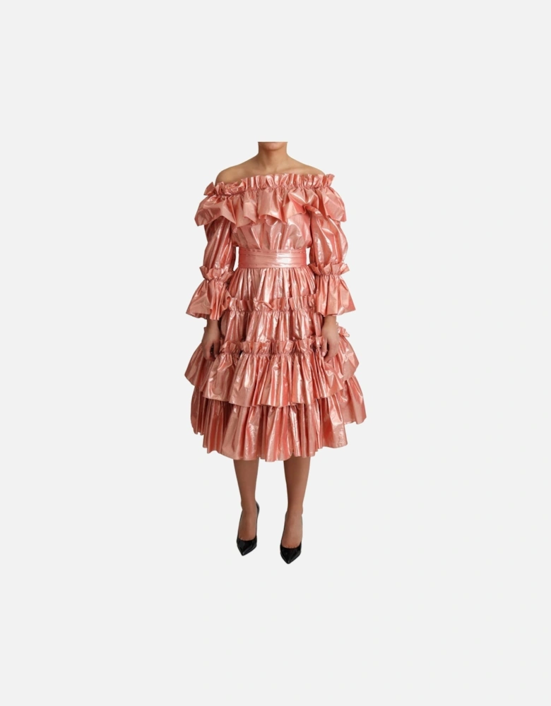 Metallic Midi Dress Ruffled Design Women - Pink Dresses
