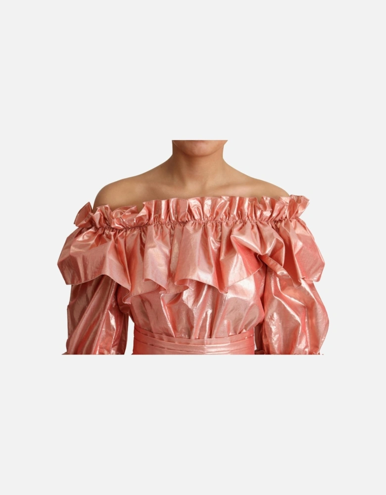 Metallic Midi Dress Ruffled Design Women - Pink Dresses