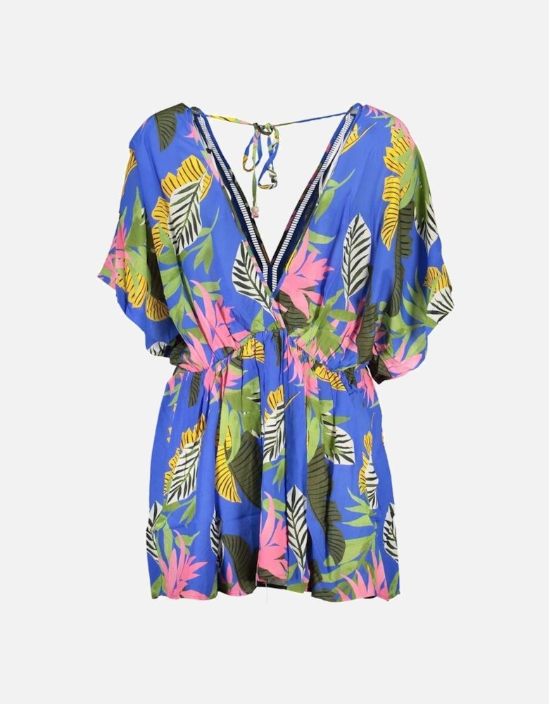 Short Sleeve V-Neck Dress with Contrast Details Women - Blue Dresses