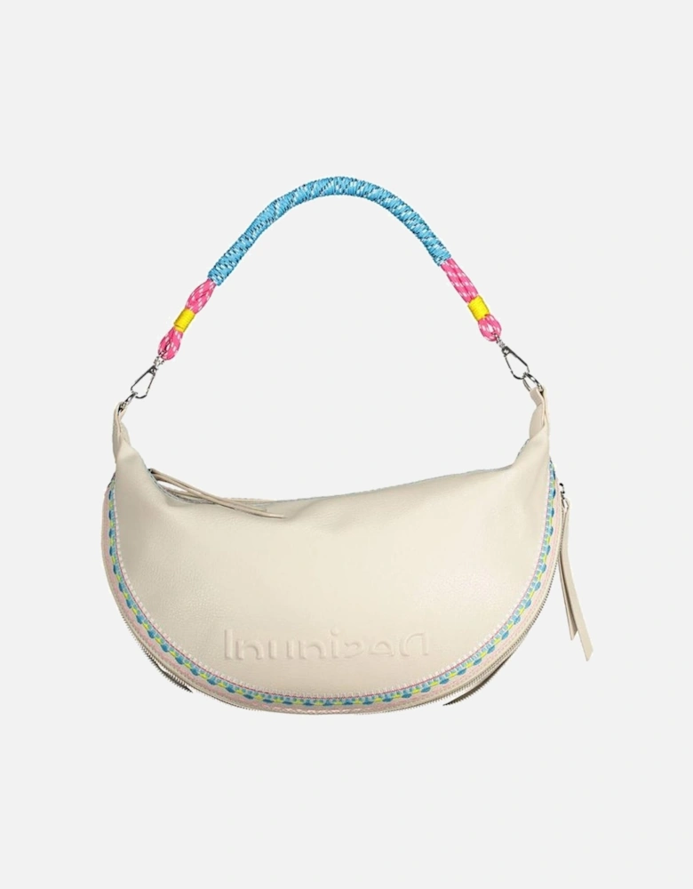 Embroidered White Handbag with Removable Straps and Expandable Design