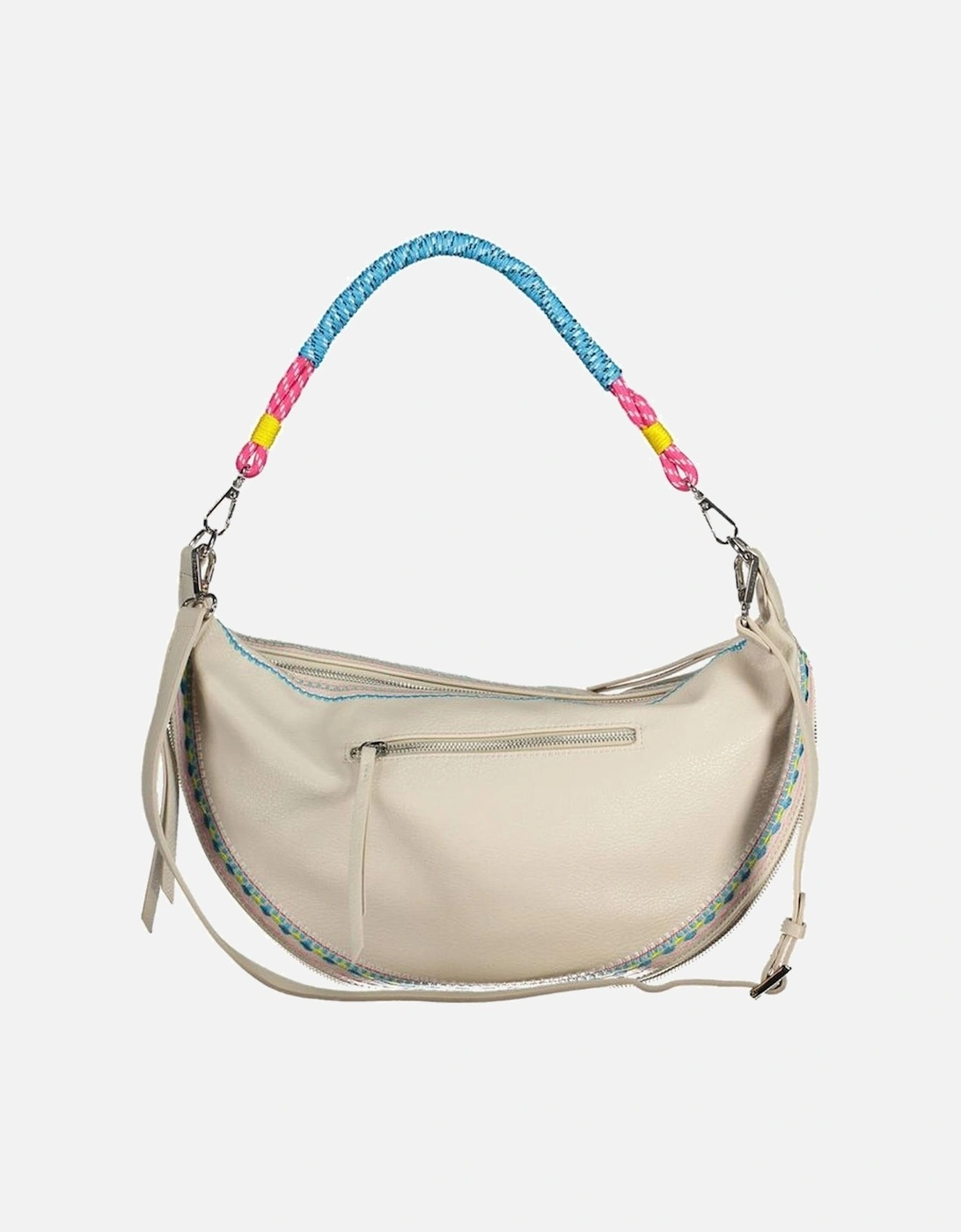 Embroidered White Handbag with Removable Straps and Expandable Design