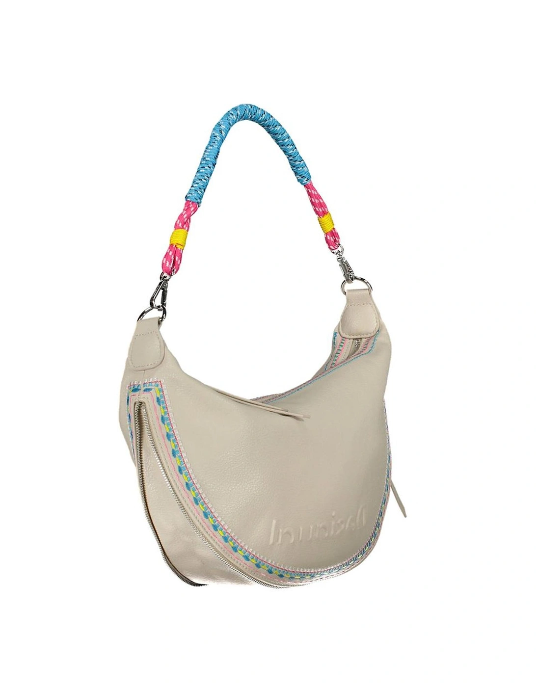 Embroidered White Handbag with Removable Straps and Expandable Design