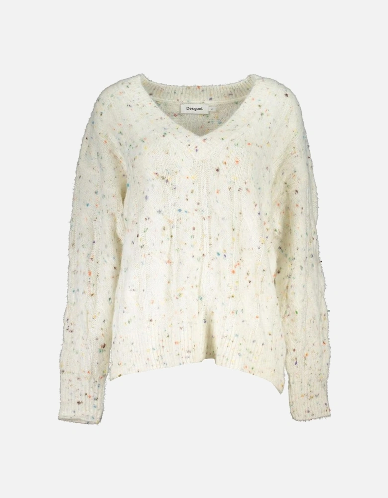 Contrast Detail V-Neck Sweater with Logo Women - White