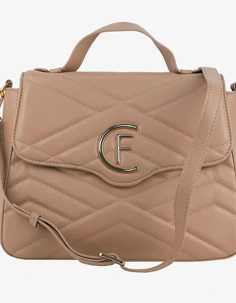 Quilted Faux Leather Shoulder Bag with Logo Detailing Women - Beige