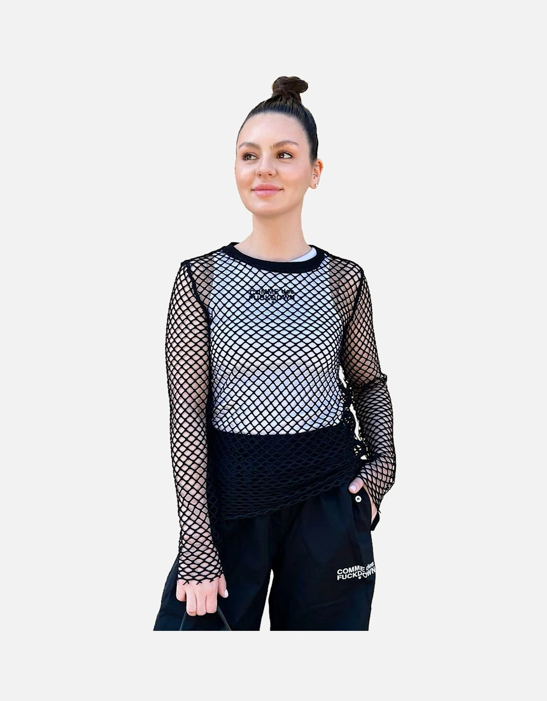 Long-sleeved mesh jersey with logoed side bands Women - Black T-Shirts, 3 of 2