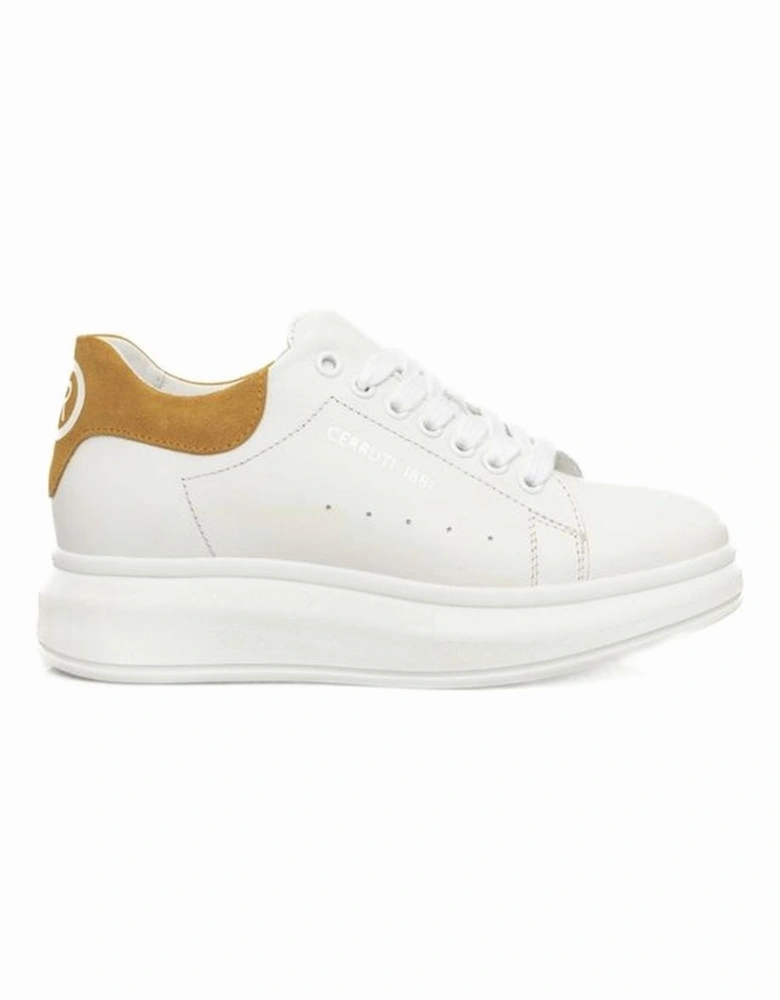 Genuine Leather Womens Platform Sneakers with Side Logo - White