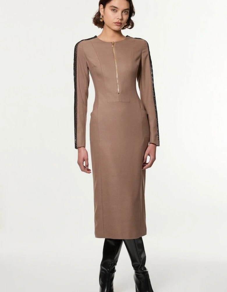 Tailored Twill Lace Mix Zip Front Midi Dress