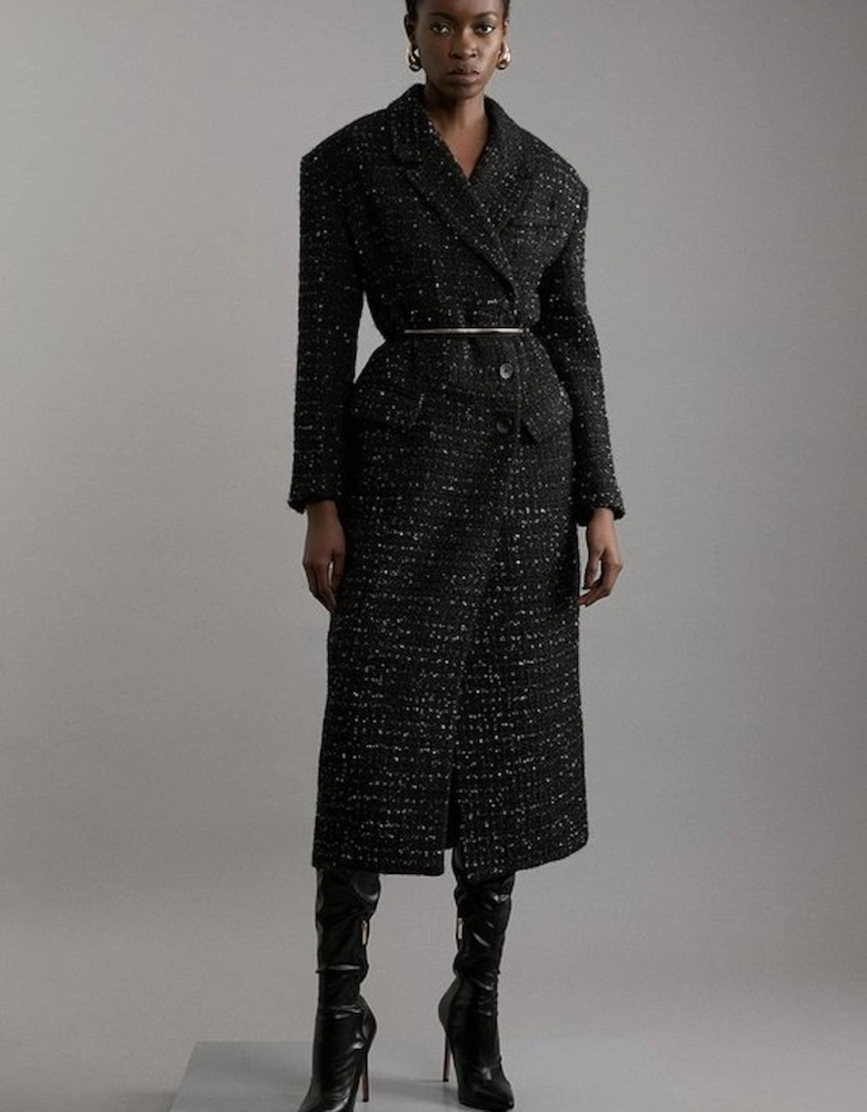 Metallic Texture Check Darted Waist Midaxi Tailored Coat