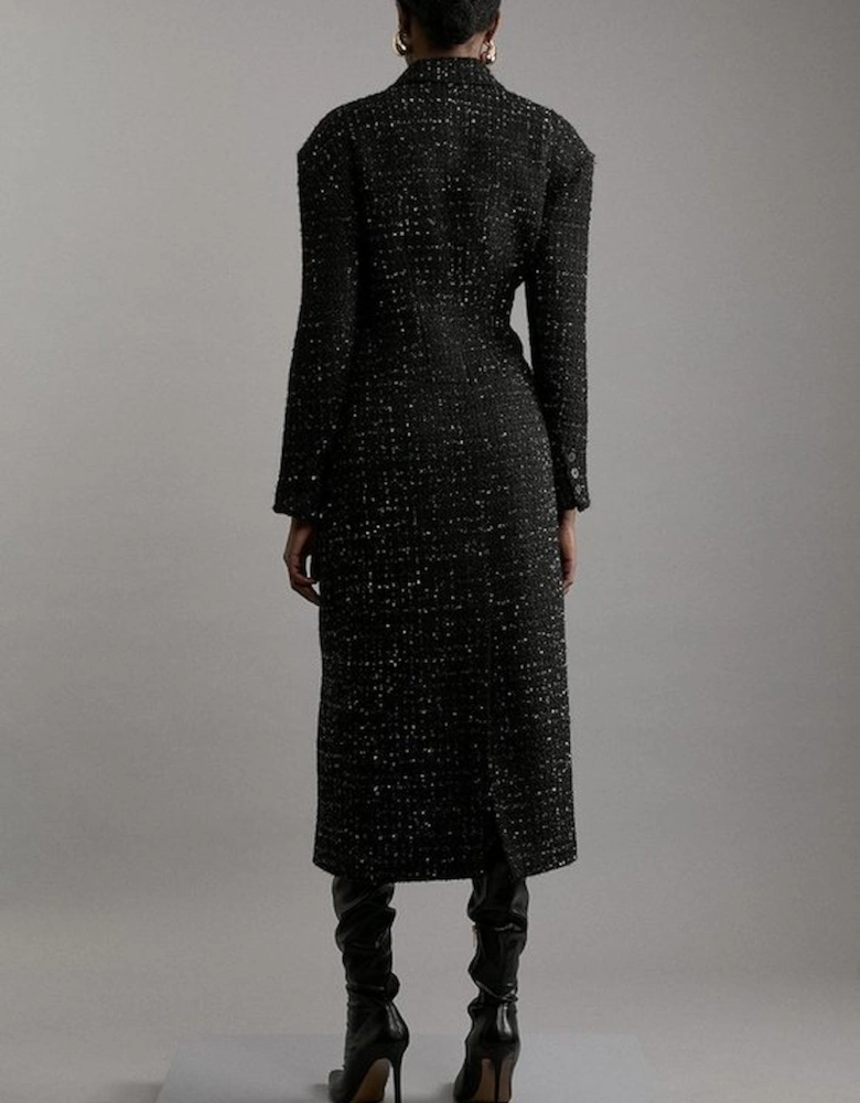 Metallic Texture Check Darted Waist Midaxi Tailored Coat