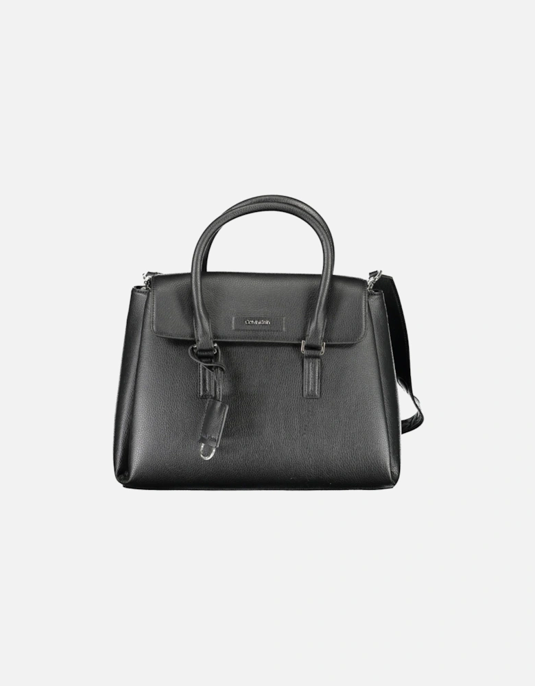 Sustainable Black Handbag with Adjustable Strap and Embossed Logo.