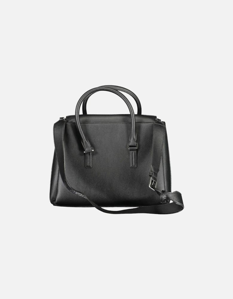 Sustainable Black Handbag with Adjustable Strap and Embossed Logo.