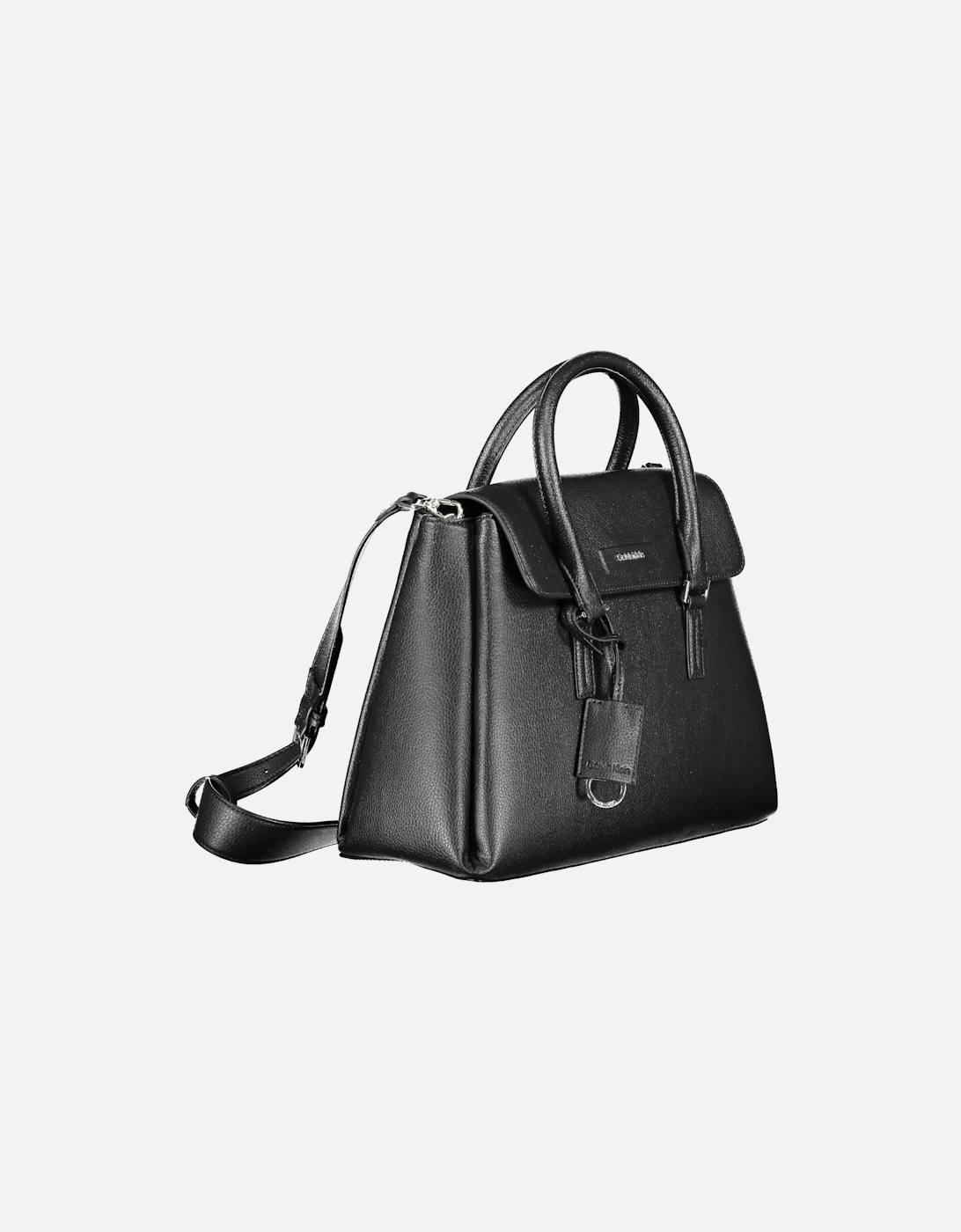 Sustainable Black Handbag with Adjustable Strap and Embossed Logo.