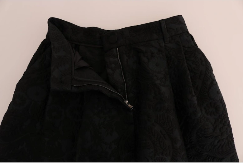 Floral Brocade Shorts Cropped Trousers Women - Black Jeans