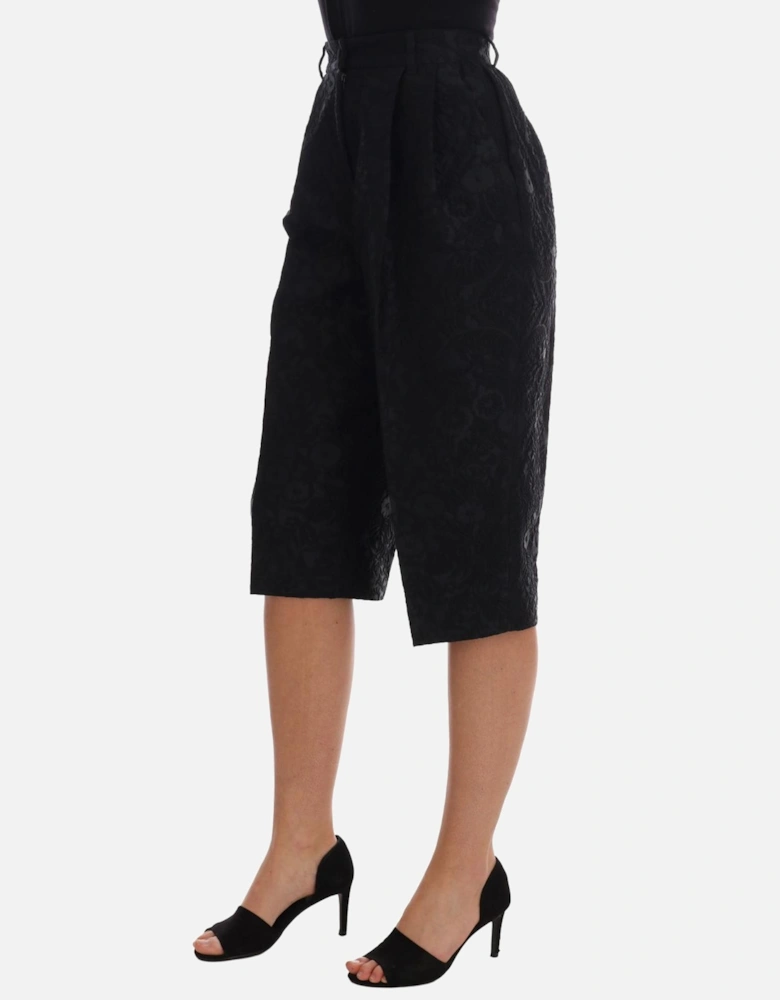 Floral Brocade Shorts Cropped Trousers Women - Black Jeans