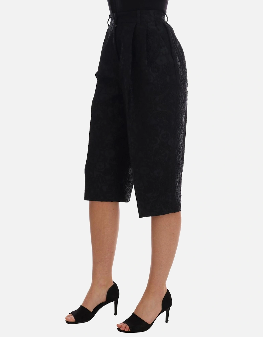 Floral Brocade Shorts Cropped Trousers Women - Black Jeans