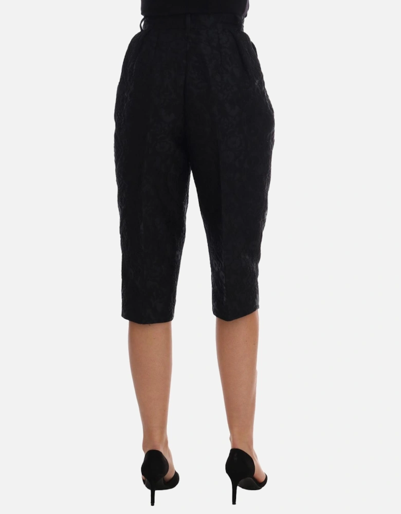 Floral Brocade Shorts Cropped Trousers Women - Black Jeans