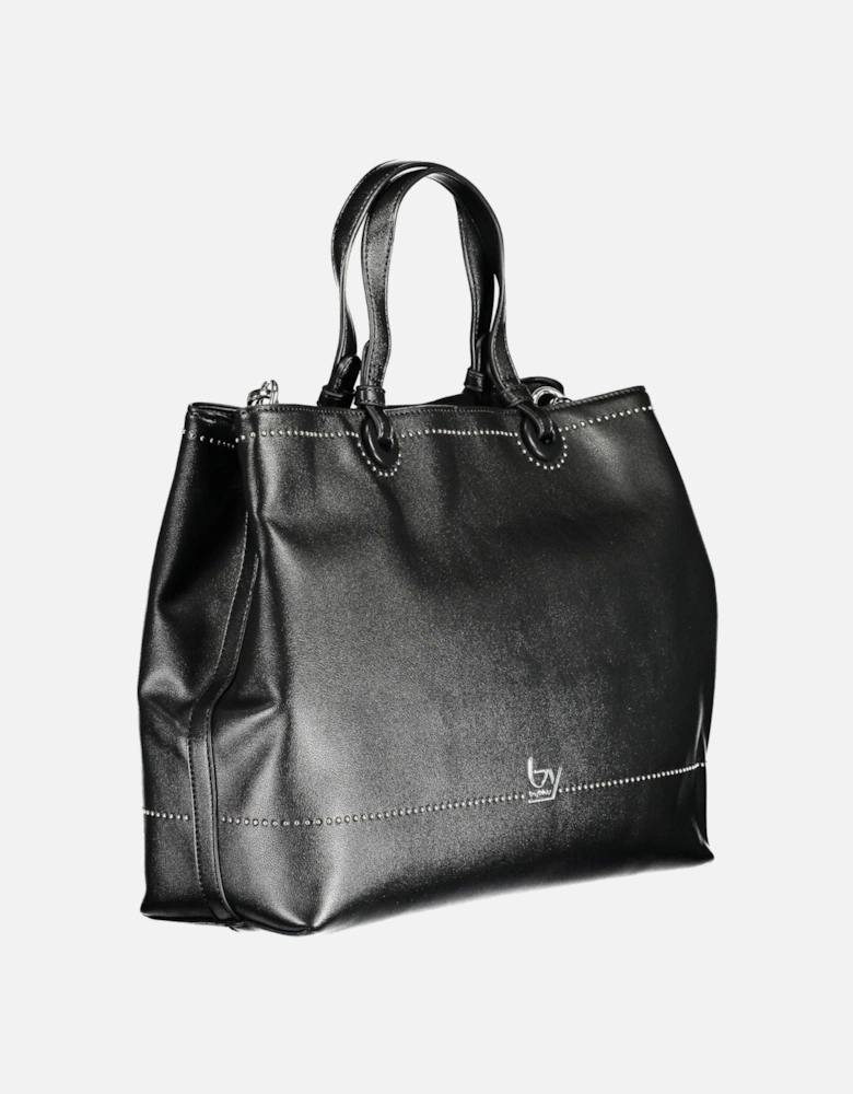 Two-Handle Black Handbag with Snap Closure and Multiple Compartments