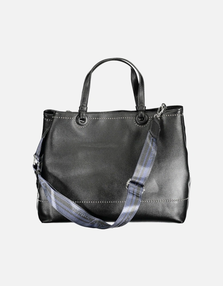 Two-Handle Black Handbag with Snap Closure and Multiple Compartments