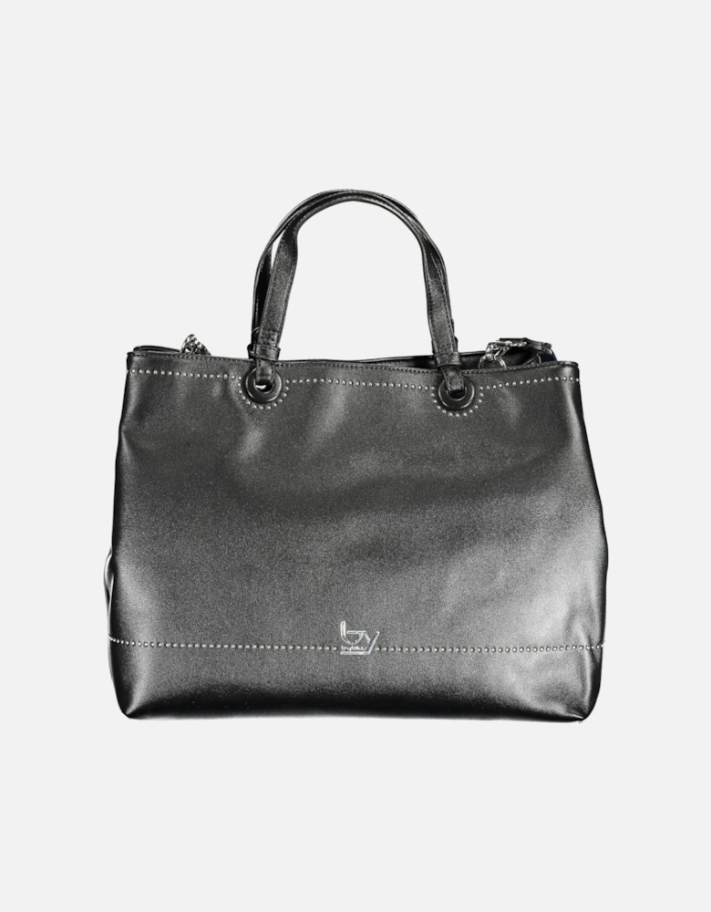 Two-Handle Black Handbag with Snap Closure and Multiple Compartments