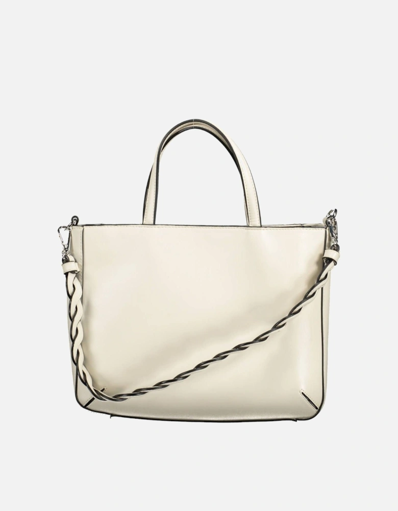 Functional White Handbag with Detachable Strap and Contrasting Details