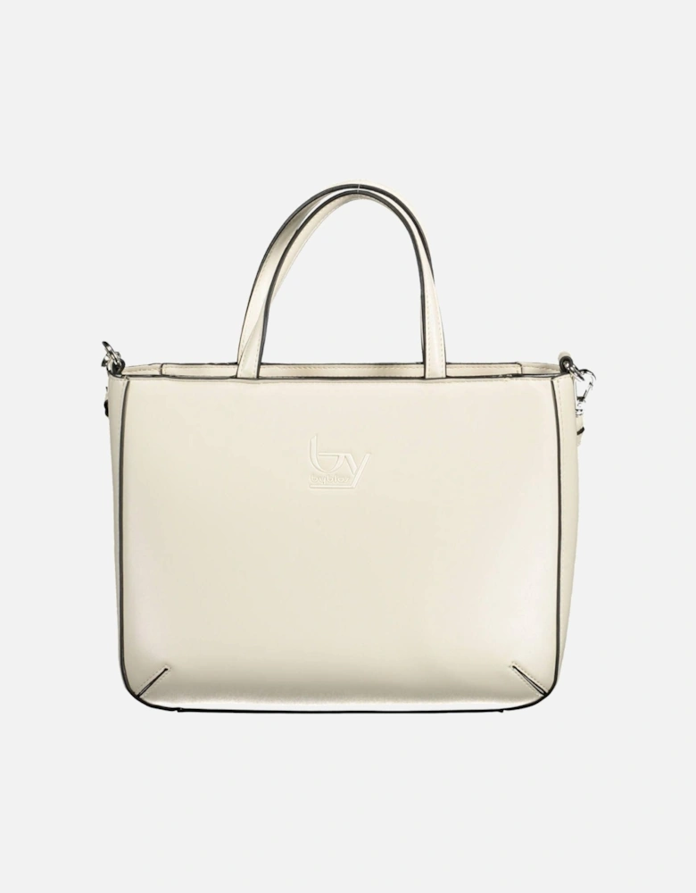 Functional White Handbag with Detachable Strap and Contrasting Details