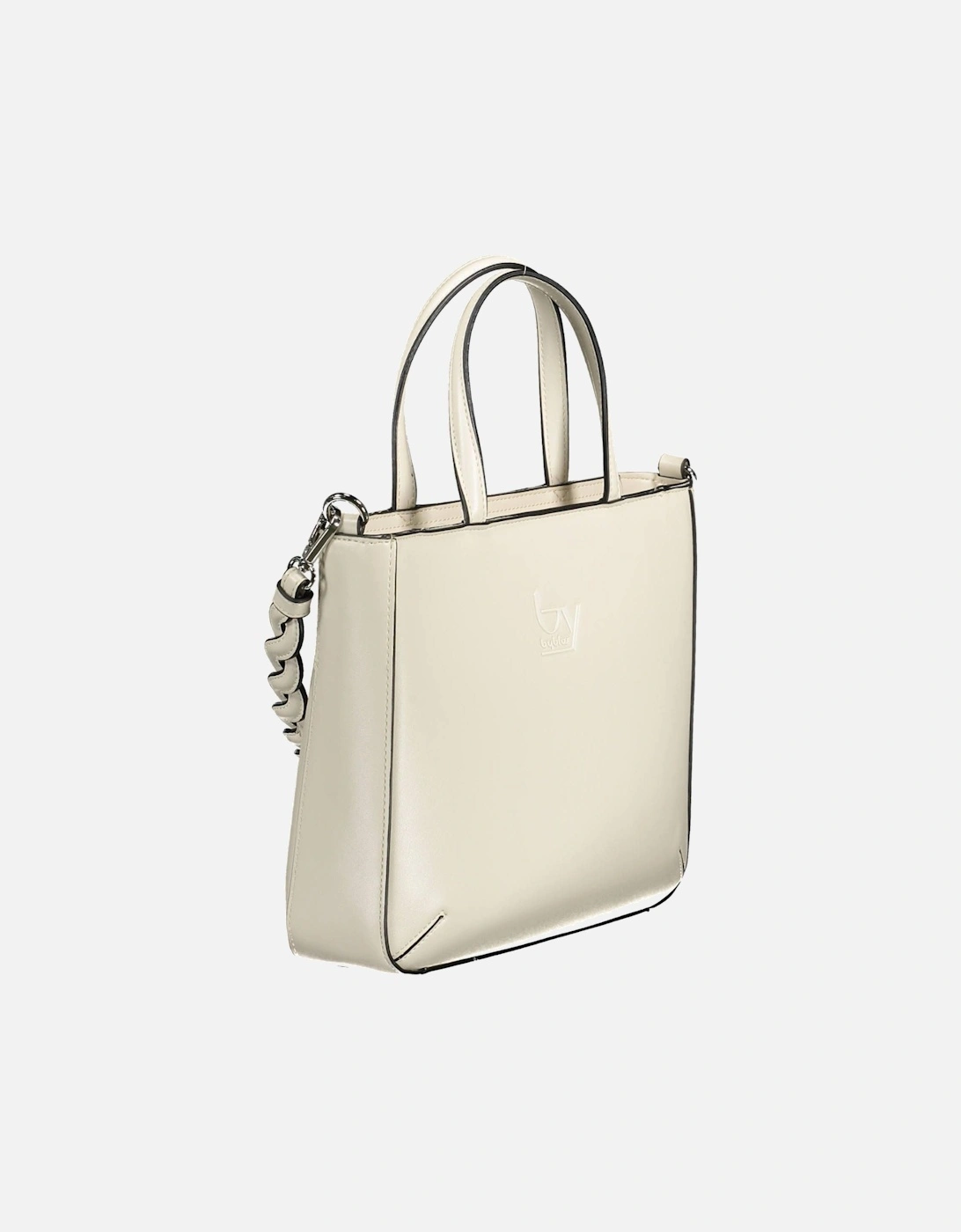 Functional White Handbag with Detachable Strap and Contrasting Details