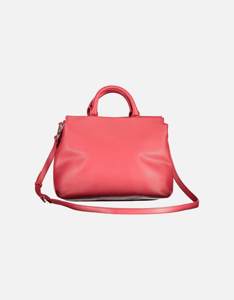 Red Polyurethane Handbag with Two Compartments and Adjustable Strap by